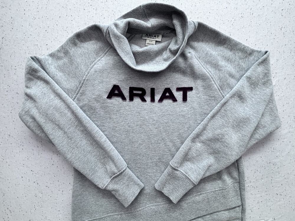 Ariat REAL Womens Crossover Sweatshirt S Cowl Neck Heather Gray Velvet Logo $55